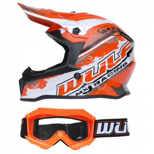 Wulf Kinder Cross Brille + Helm Off Road Pro M (49-50cm) orange Motorrad Quad Bike Enduro MX BMX