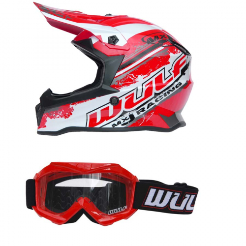 Wulf Kinder Cross Brille + Helm Off Road Pro M (49-50cm) rot Motorrad Quad Bike Enduro MX BMX Helm